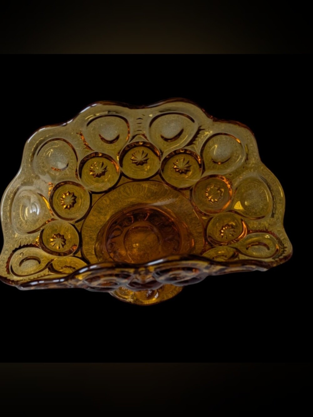 L.E. Smith Glass Company "Moon and Stars" Pattern Footed Banana Boat (Amber)